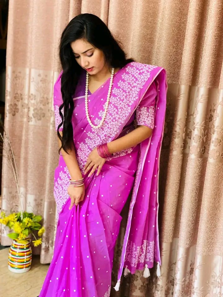 Half silk block print sharee